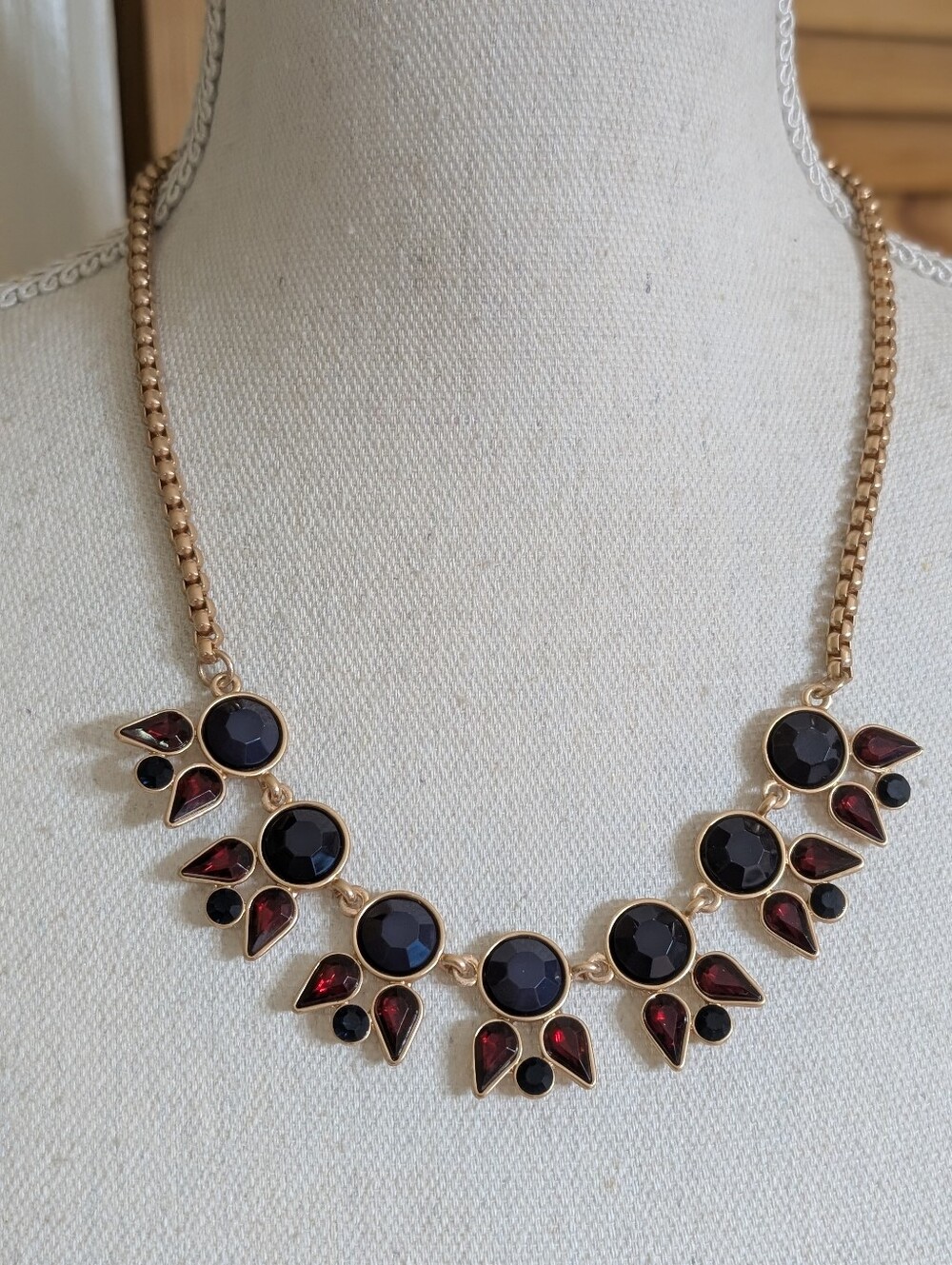 Chico's Gold-Tone Midnight Blue & Burgundy Statement Necklace NWOT